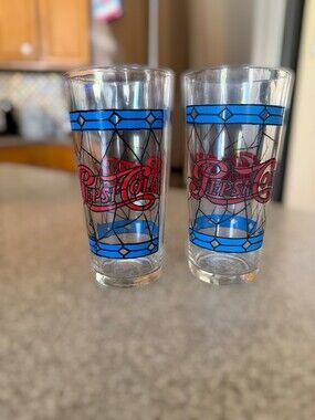 Pepsi-Cola Glass Set of 2 Red Logo Blue Border Glasses